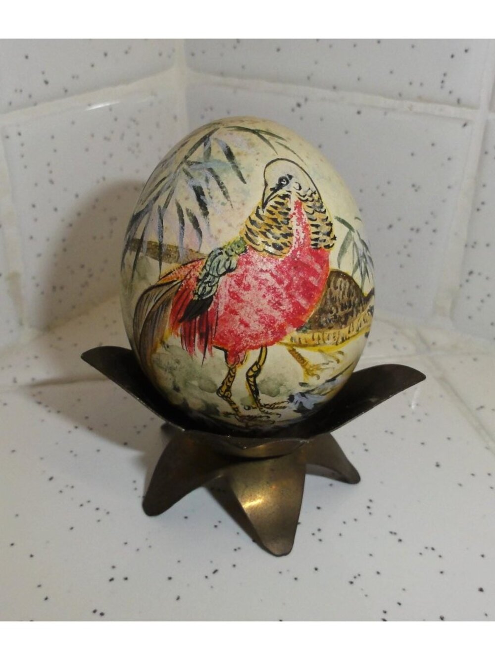 Vintage Hand Painted Egg Golden Pheasant egg stand included